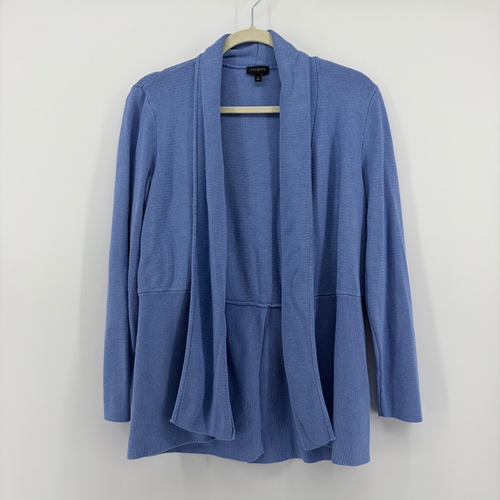 Talbots Womens M Blue Cardigan Open Front Shawl Collar Empire Waist Casual
